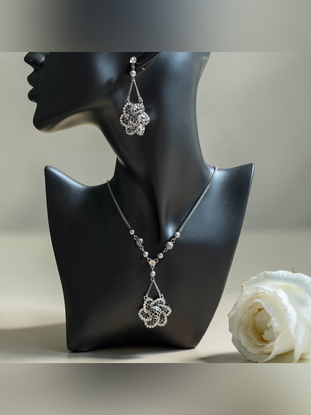 Givenchy Silver-Tone Pave Filigree Crystal Flower Necklace And Earrings Set